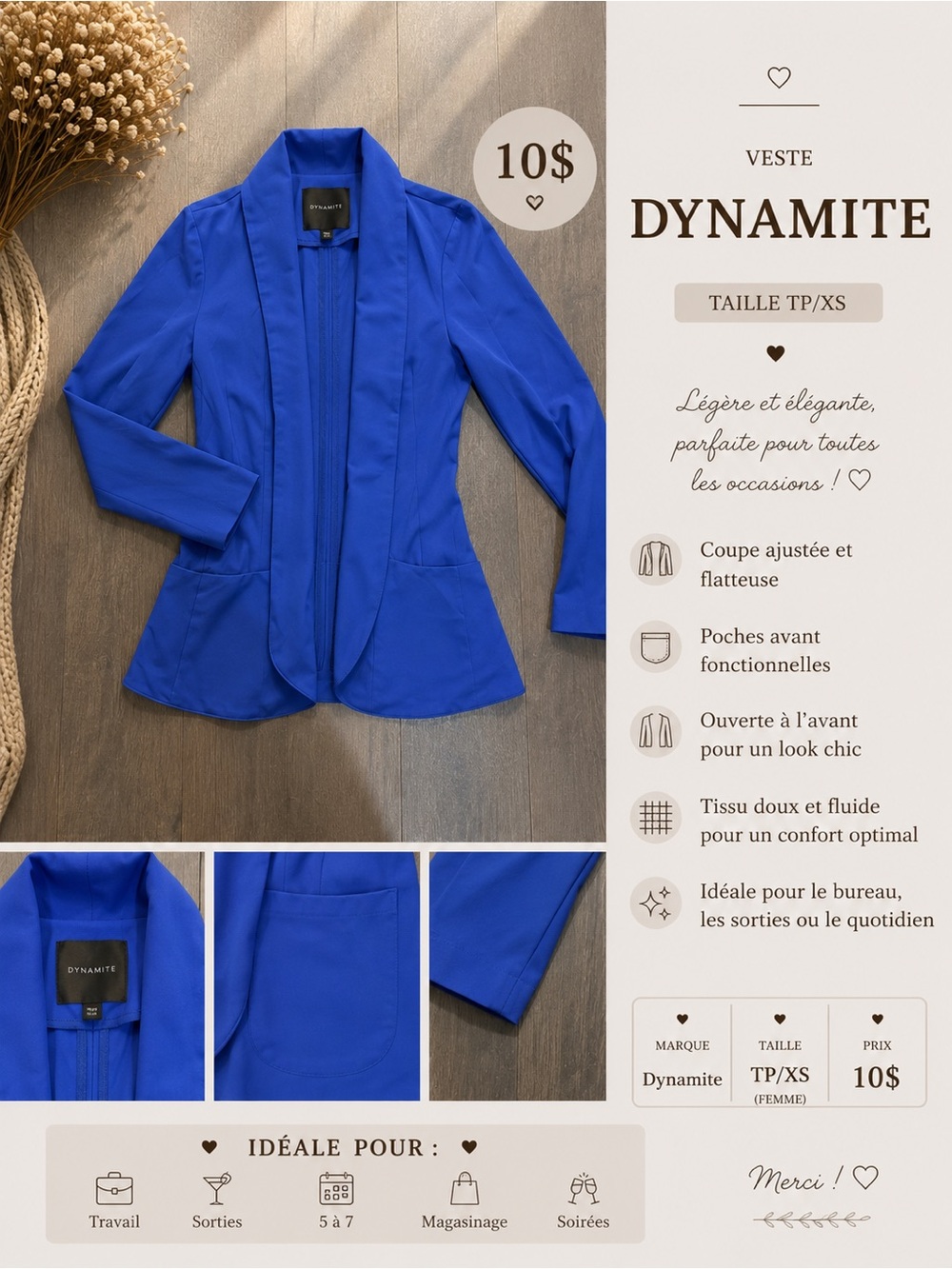 Dynamite Womens Cobalt Blue Open-Front Tailored Blazer
